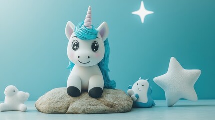 Wall Mural - Cute cartoon unicorn figurine sitting on a rock with small pastel creatures and stars.