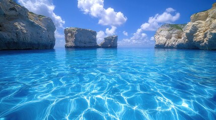 crystal-clear turquoise water, calm sea, rocky cliffs, sunny day, summer vacation.