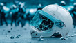 © Alexandra Adele - View of a discarded riot helmet on the ground amidst debris and police officers at a protest site