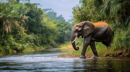 Wall Mural - African forest elephant walking in river in tropical rainforest