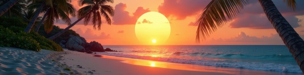 Wall Mural - Circular sunset reflection, pristine beach, swaying palms , sand, warmth, ocean