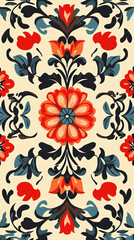 Wall Mural - The image features a vibrant, ornate floral pattern with red and orange flowers, dark blue leaves, and intricate black scrolling branches on a cream-colored background