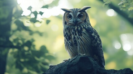 A large owl is perched on a tree branch in a forest