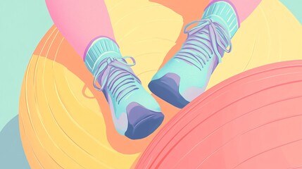 a close-up of a female's feet in vibrant athletic shoes, resting on colorful exercise balls, evoking