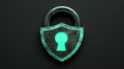 Wall Mural - Dark, metallic padlock with glowing teal keyhole and shield.