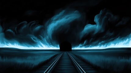 Wall Mural - Dark tunnel at the end of a train track through a field under a stormy sky.