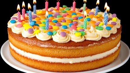 Wall Mural - Delicious birthday cake with colorful candies and candles on a white plate.