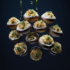 Perfectly arranged floating stuffed mushrooms 