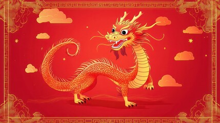 Wall Mural - Red dragon on red with clouds, framed for decoration