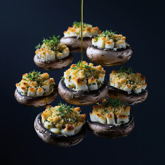 Perfectly arranged floating stuffed mushrooms 