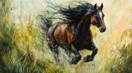 Wall Mural - Dynamic brown horse galloping through tall grass.