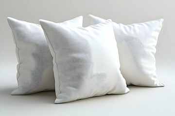 Set of three white decorative pillows with abstract blue geometric pattern