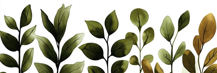 Poster - Overlapping Green Leaves Create a Serene Atmosphere With Vibrant Hues on a White Canvas