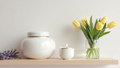 Wall Mural - Decorative vase with yellow tulips and candle on wooden shelf