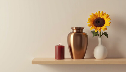 Wall Mural - Decorative vase with sunflower and candle on wooden shelf