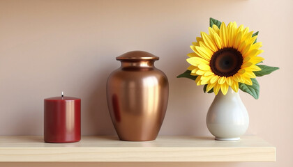 Wall Mural - Decorative urn, candle, and sunflower on wooden shelf