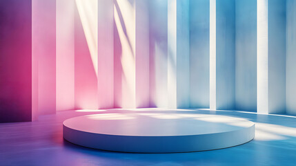 Wall Mural - Studio Shot of a Round Podium in a Room with Pink and Blue Lighting - Abstract Background for Presentations