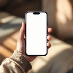 children's hands hold a mobile phone with a white blank screen