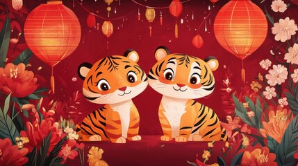 Wall Mural - Two tiger cubs sit in festive floral setting with lanterns for a calendar or card