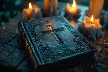 Wall Mural - Ancient book with cross, surrounded by lit candles on dark stone surface.