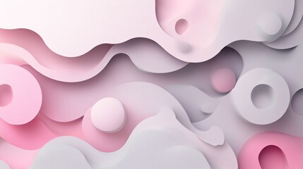 Wall Mural - an abstract composition of soft waves and circles in pink and white hues, creating a serene and mode
