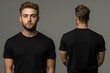 © Aleksander - A young man with stylish hair, wearing a plain black t-shirt mockup, poses in a studio setting. The image shows both front and back views, highlighting the shirt's fit and design.