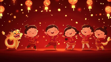 Wall Mural - Children dance with a dragon among hanging lanterns, for celebrations