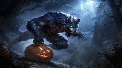 Sticker - Fearsome werewolf leaps over glowing jack-o'-lantern in spooky forest at night.