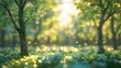 © demzp - Sunlight filters through trees in a vibrant, blooming forest during springtime