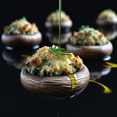 Perfectly arranged floating stuffed mushrooms 