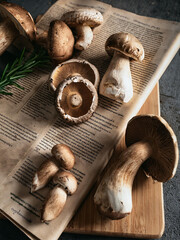 Wall Mural - Fresh porcini mushrooms displayed on a wooden cutting board and vintage newspaper, with a sprig of rosemary for garnish. Perfect ingredients for gourmet cooking and autumn recipes.