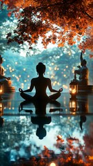 Wall Mural - serene meditation session by the reflective water with illuminated surroundings at twilight