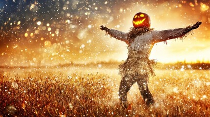 Wall Mural - Festive scarecrow with pumpkin head in a field at sunset.