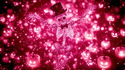 Wall Mural - Festive skeleton surrounded by glowing Halloween pumpkins in a vibrant pink and dark background.