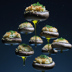 Perfectly arranged floating stuffed mushrooms 