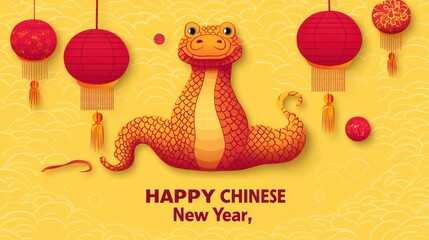 Wall Mural - Happy Chinese New Year snake illustration, lanterns, yellow background, holiday greeting