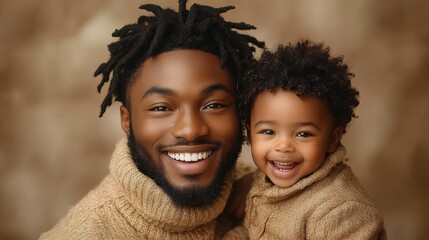 A man and a baby are smiling for the camera. The baby is wearing a sweater and the man is wearing a sweater as well