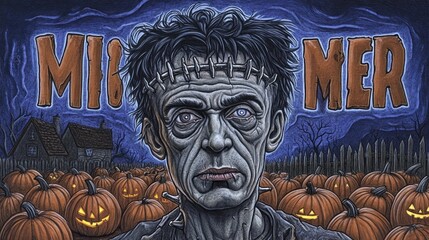 Wall Mural - Frankenstein monster portrait, surrounded by pumpkins. Halloween themed illustration.