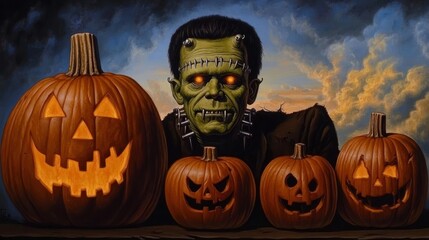 Sticker - Frankenstein monster with jack-o'-lanterns. Halloween, spooky, monster, pumpkins, spooky, illustration, art,  creepy, design, illustration, painted,  night,  decoration,  scary,  glowing,  eyes,  fang