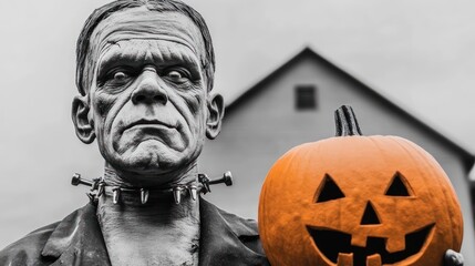 Sticker - Frankenstein statue holding a carved pumpkin.