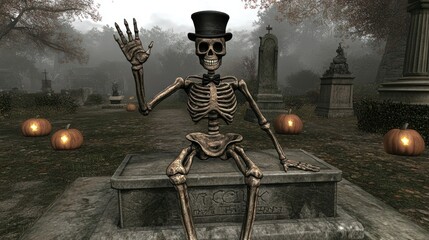 Wall Mural - Friendly skeleton in top hat waving hello from a tombstone in a spooky cemetery.