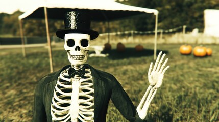 Wall Mural - Friendly skeleton in top hat waving outdoors.