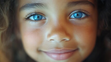 Wall Mural - A young girl with long brown hair and blue eyes is smiling. She has a light skin tone and a blue nose