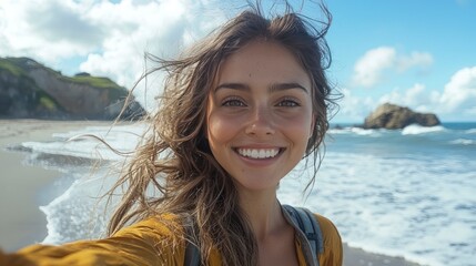 Smiling woman at beach taking selfie.