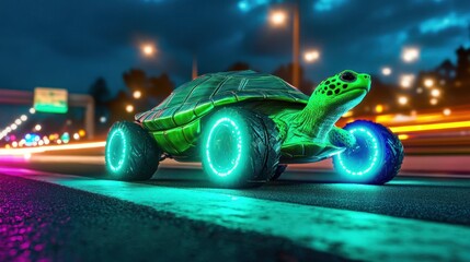 Wall Mural - Futuristic turtle vehicle driving at night on city street.