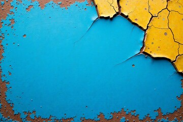 Weathered blue paint with cracked surface revealing yellow undercoat, exposed layers, aged finish , cracks, decay, surface