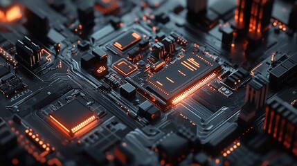 Leinwandbilder - Futuristic circuit board pulsating with orange light and data flow