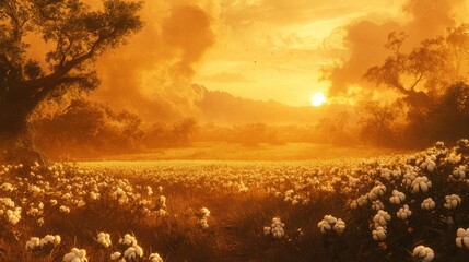 Canvas Print - Golden sunset over a cotton field. Dramatic sky, trees, and field of white cotton blossoms.