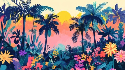 Tropical sunset, vibrant floral jungle, colorful illustration, website banner