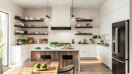 Modern kitchen features healthy breakfast spread with avocado toast and fresh fruit